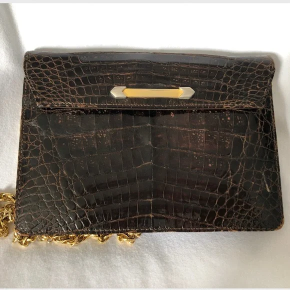 1960's dark brown alligator skin leather Clutch Mini gold color chain strap